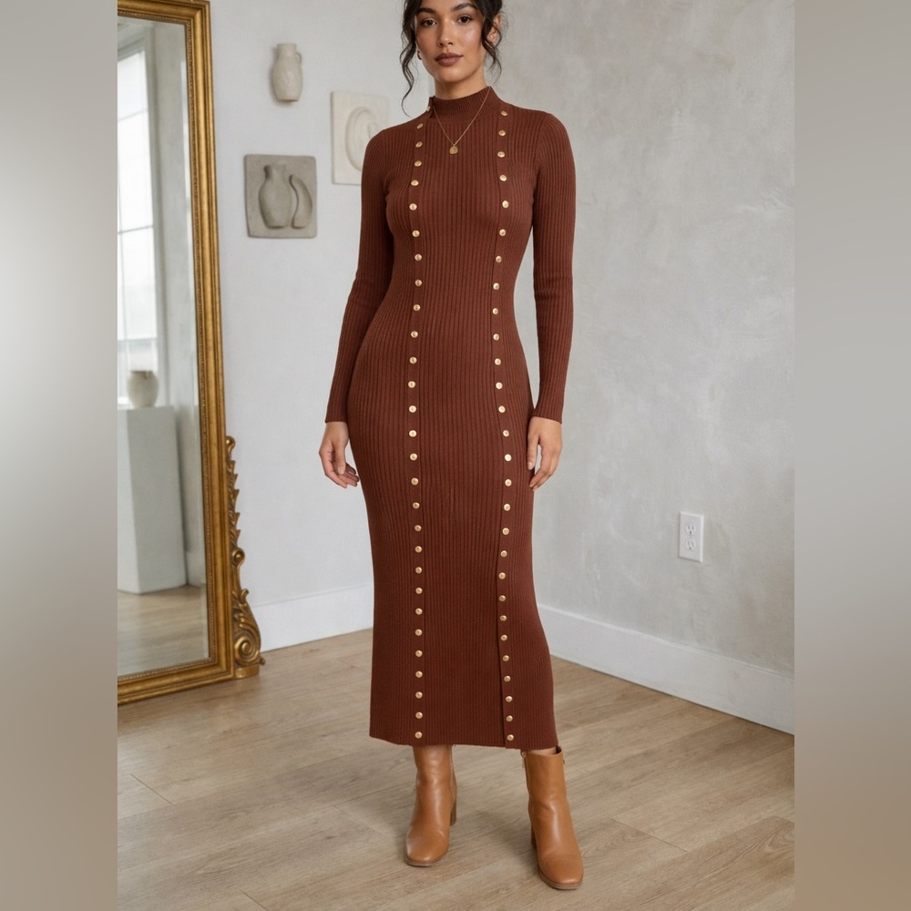 Hera Collection Elegant Brown Button-Down‎ Dress